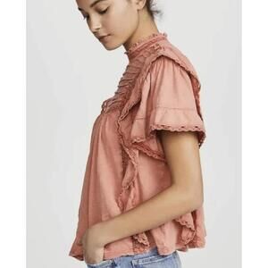 Free People Le Femme Ruffled Cotton Coral Blouse - Size - Large